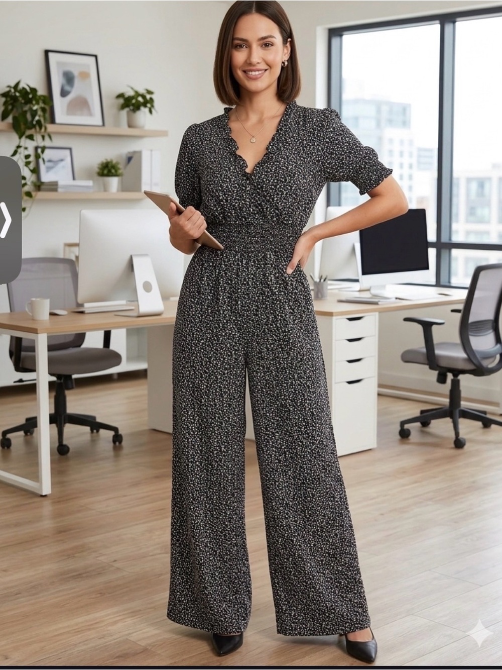 Max Studio Black, Business Casual Wide-Leg Jumpsuit with Ruffle Neck